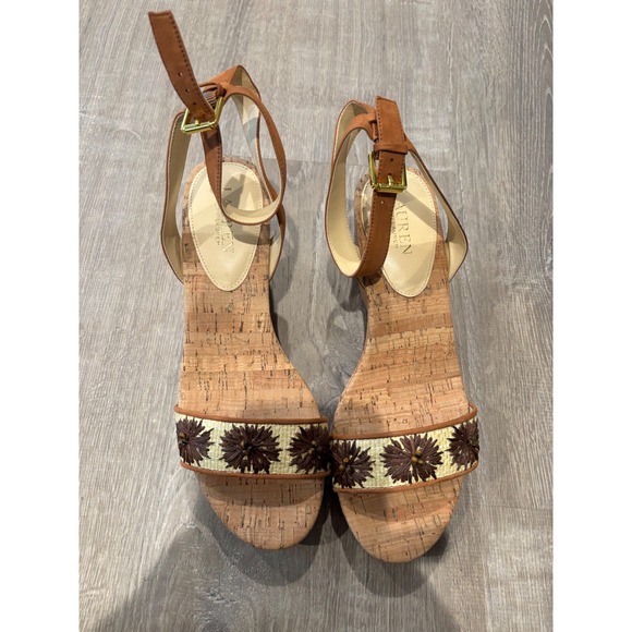 Lauren Ralph‎ Lauren Wedges Cork Flower Ankle Strap Heels Sandals Size 10 - Picture 1 of 7